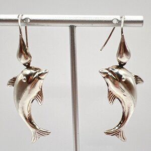 Sterling Silver Dolphin Earrings 2.5" Dangle Drop Puffy 3D Hook Nautical Beach